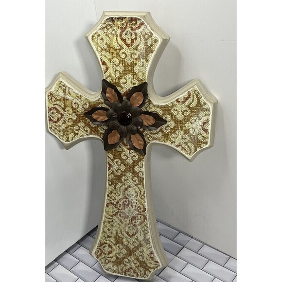 Bohemian Artisan Metal & Wood Cross W/Flower Wall Hanging Art Vintage - Picture 3 of 10